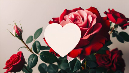 Elegant Red Rose with Petals on Textured Red and Background, Romantic Red Roses with Heart-Shaped Card, antasy on the theme Valentine's Day Background. Gift, coffee, roses, hearts arranged 