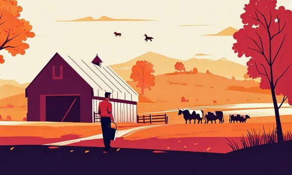 A farmer walks towards his barn at sunset during autumn harvest