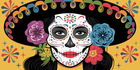 Obraz premium Mexican Sugar Skull Woman with Sombrero