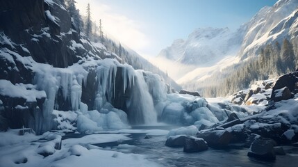 Breathtaking frozen waterfall sparkling under bright sunlight in a magnificent rugged mountain valley landscape  Peaceful serene and picturesque natural scene of an icy