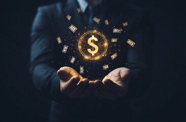 Businessman holding glowing dollar sign. (1)