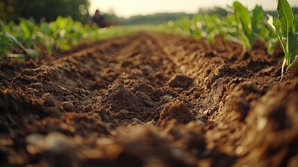 Rich soil, young plants, rows, fertile ground.