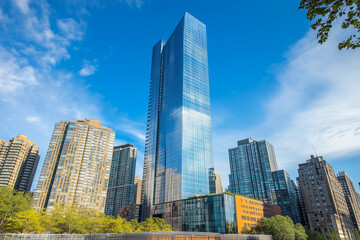 Obraz premium Modern Skyscrapers Against a Blue Sky