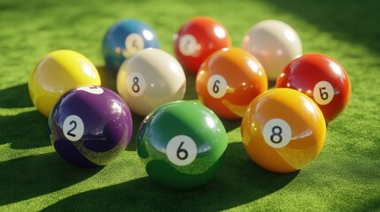 A detailed image of billiard balls showing their shiny surfaces and bold numbers, placed on a green felt table