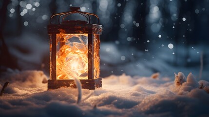 Captivating image of a glowing lantern placed inside a transparent block of ice set against a serene and snowy winter landscape