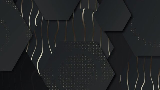 Elegant dark hexagonal background with golden lines and dots