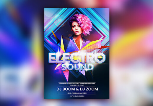 Electro Sound Party Flyer with Pink-Haired Female Model and Event Details.