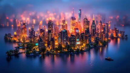 Fototapeta premium Island metropolis at night, boat, misty sky
