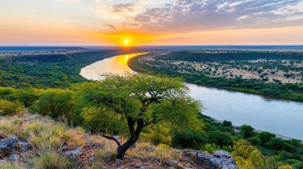 Sunrise over a winding river