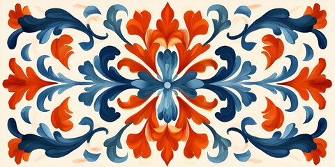Intricate floral pattern in blue and orange on a cream background, showcasing elegance and artistry.