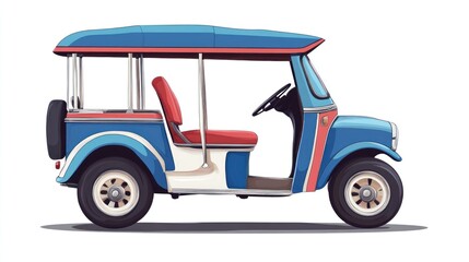 Thai tuk-tuk taxi in vector illustration, styled in blue, red, and white colors, showing its one front tire and two rear tires, on white background