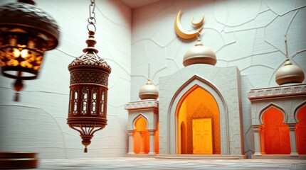 Obraz premium 3D rendering of a modern Islamic holiday background. materials create texture and motion. The scene includes an ornate Arabic lantern