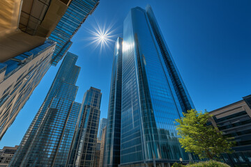 Fototapeta premium Modern Skyscrapers Against a Blue Sky