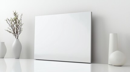 Minimalistic interior with a blank canvas on a white shelf, surrounded by modern vases and decorative dried plants.