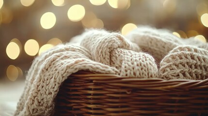 Obraz premium Knitted blanket in basket, cozy lights background, winter comfort