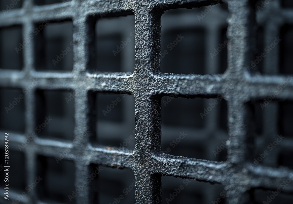 Poster close-up view of industrial metal mesh grid with textured surface, highlighting patterns and shadows