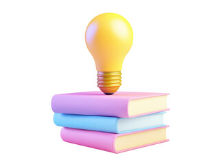 Isolated Yellow Light Bulb on Stack of Pink Books