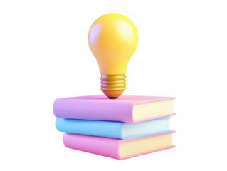 Isolated Yellow Light Bulb on Stack of Pink Books