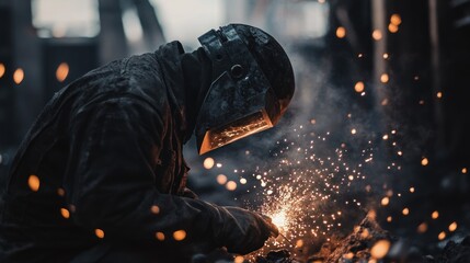 Fototapeta premium Welder repairing heavy machinery, focused on welding a cracked metal surface with sparks flying