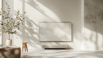 Minimalist living room with sunlight casting soft shadows on a white wall, featuring a modern TV, chair, and plant.
