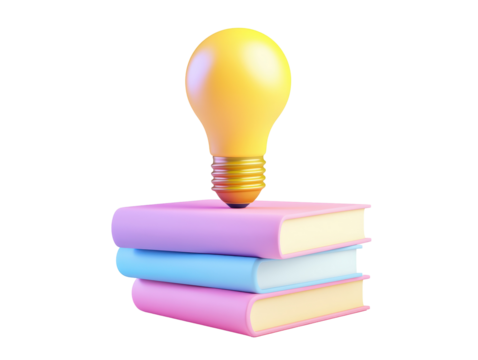 Isolated Yellow Light Bulb on Stack of Pink Books