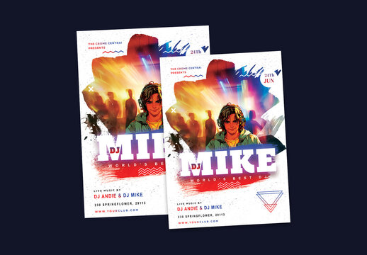 DJ Party Flyer with Event Details in Abstract Style.
