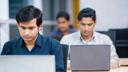 Focused Workspace Atmosphere – Indian employees concentrating on their laptops in a quiet office.
