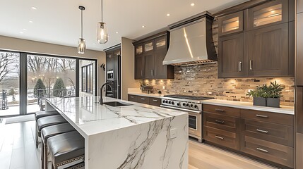 Obraz premium Modern kitchen island, winter view, luxury home, marble countertop, cooking