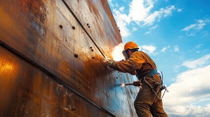 Welder working on a shipyard project, welding large steel panels under a bright blue sky