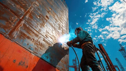Fototapeta premium Welder working on a shipyard project, welding large steel panels under a bright blue sky