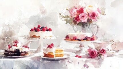 Naklejka premium Watercolor illustration of British afternoon tea,tea break in the English style,tea set with Afternoon tea stand with macaroons and scone,cake,cup of tea,Tea time dessert table,vintage style.