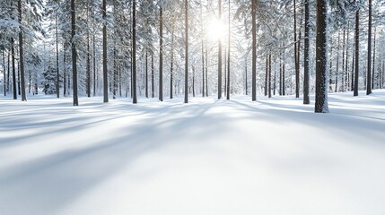 Naklejka premium Tranquil winter forest with snow-covered trees and sunlight filtering through branches, creating serene nature scenery.