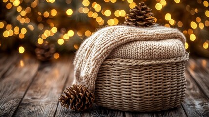 Obraz premium Knitted hat, scarf in basket, pine cones, bokeh lights, wooden surface