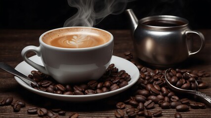 Fototapeta premium Warm and Inviting Coffee Scene Featuring White Cup, Rich Brown Brew, and Scattered Coffee Beans on Rustic Wood