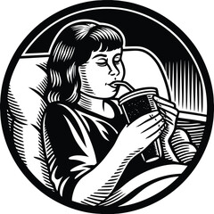  A woman drinking with straw from a glass drawing sketch vector art illustration icon stock image minimalist vector illustration silhouette hand drawing design element