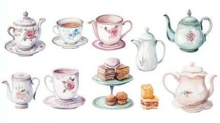 Watercolor illustration of British afternoon tea,tea break in the English style,tea set with Afternoon tea stand with macaroons and scone,cake,cup of tea,Tea time dessert table,vintage style.