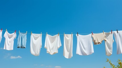 Fresh and clean laundry hanging gently on a clothesline under a bright blue sky in a peaceful tranquil outdoor setting  The clothes flutter softly in the breeze