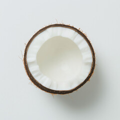 Coconut Half: A pristine half of coconut, showcasing its smooth white flesh and the fibrous husk, is presented against a clean backdrop.  The image is minimalist and evocative of tropical vibes.