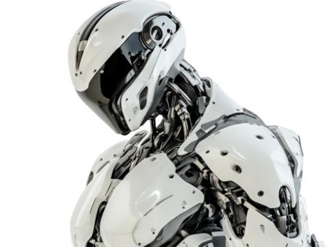 Isolated White and Chrome Robot in Thinking Pose