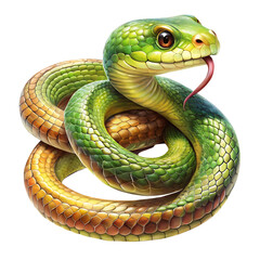 Fototapeta premium Green and yellow snake with a black tongue. Isolated, on transparent background. PNG