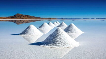 Salt Piles on a Reflecting Salt Flat