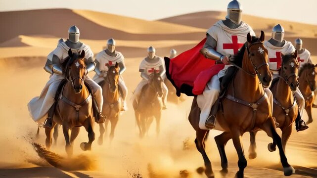 Templar knights riding through the endless desert sands, with determined expressions and swirling dust behind them, create a sense of action and adventure