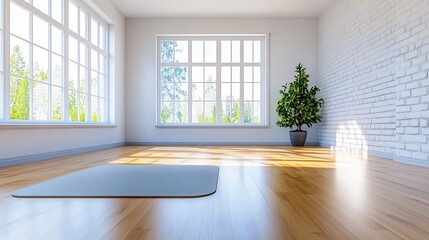 Fototapeta premium Bright sunlight illuminates empty yoga studio hardwood floor minimal design. AI Generated