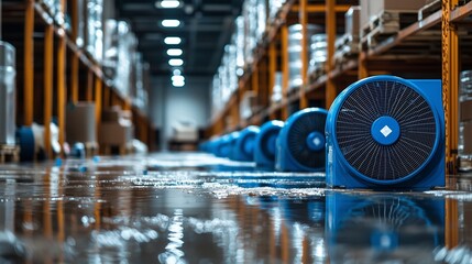 Industrial fans in a warehouse for water extraction and moisture control.