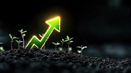 A glowing green arrow emerging from soil with sprouting plants around it symbolizes growth and eco friendly efforts, Green business initiatives and sustainability concept