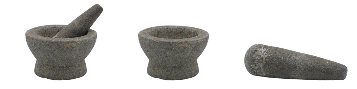 Stone mortar and pestle set for grinding spices. transparent background