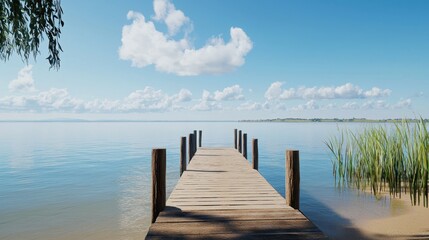 Naklejka premium Tranquil Lake with Wooden Dock