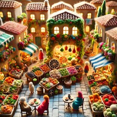 Charming Mediterranean market scene with vibrant produce, quaint stone buildings, and cozy café tables, capturing a lively and warm atmosphere.