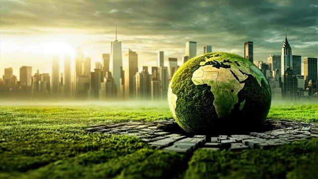 A green earth with city buildings in the background highlights urban sustainability, eco friendly growth, and green business initiatives