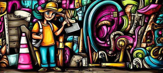 Colorful doodle illustration of a tourist amidst travel items and abstract shapes.
